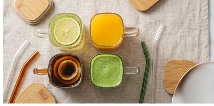 Premium Glass Mug Set with Bamboo Lid & Straw Tray