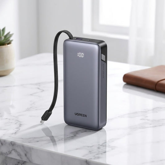 UGREEN 45W Power Bank 20000mAh – Fast Charging Portable Charger with Built-in Cable