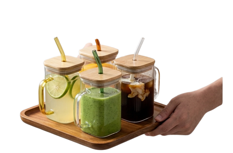 Premium Glass Mug Set with Bamboo Lid & Straw Tray