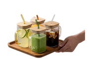 Premium Glass Mug Set with Bamboo Lid & Straw Tray