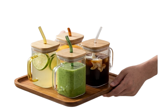 Premium Glass Mug Set with Bamboo Lid & Straw Tray