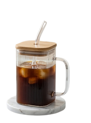 Premium Glass Mug Set with Bamboo Lid & Straw Tray
