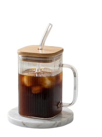 Premium Glass Mug Set with Bamboo Lid & Straw Tray